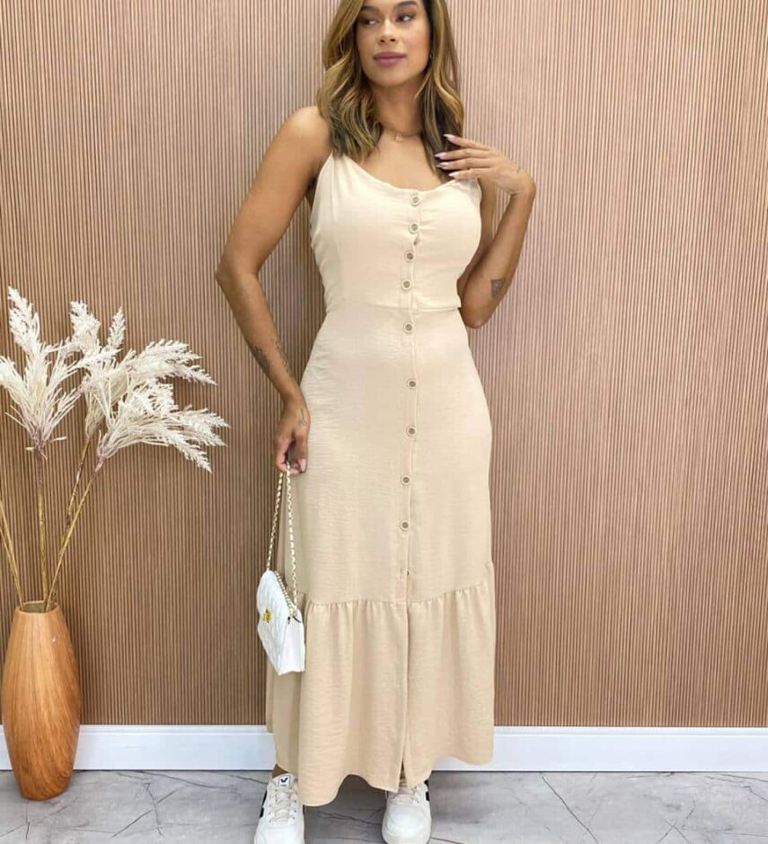 Vestido Longuete com Bojo Zoe com Botões Bege - Fernanda Ramos Store