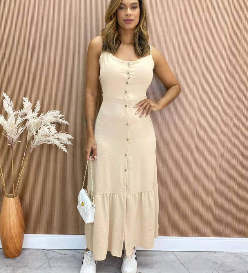 Vestido Longuete com Bojo Zoe com Botões Bege - Fernanda Ramos Store