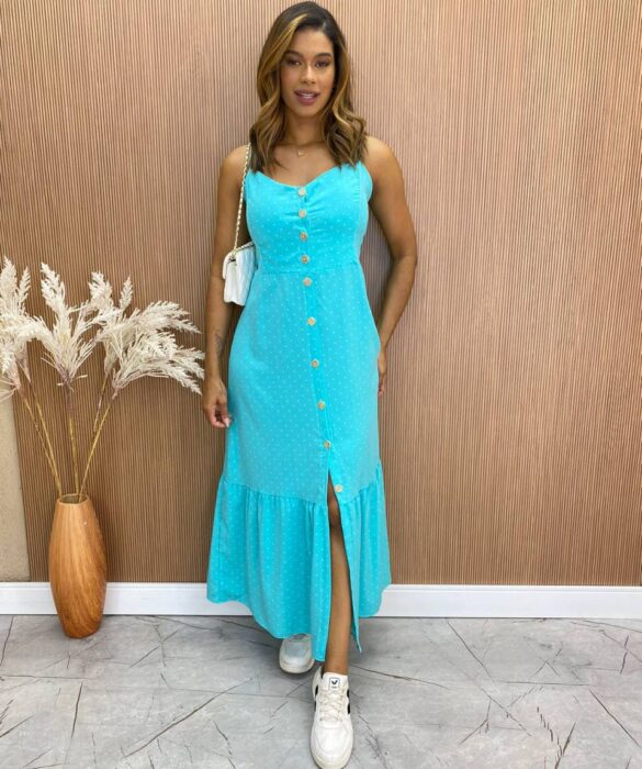 Vestido Longuete com Bojo Zoe com Botões Poá Azul - Fernanda Ramos Store