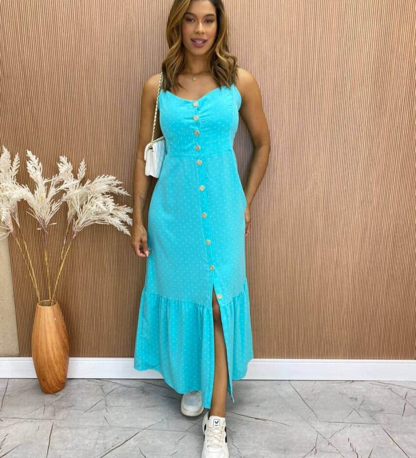 Vestido Longuete com Bojo Zoe com Botões Poá Azul - Fernanda Ramos Store
