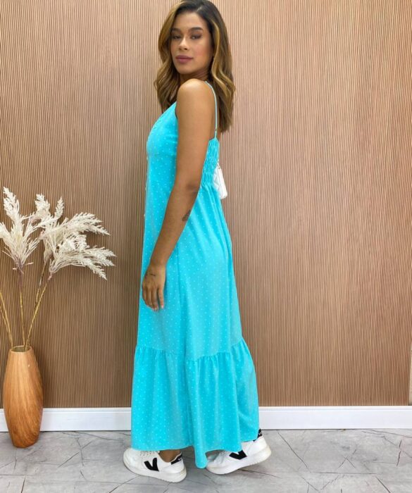 Vestido Longuete com Bojo Zoe com Botões Poá Azul - Fernanda Ramos Store