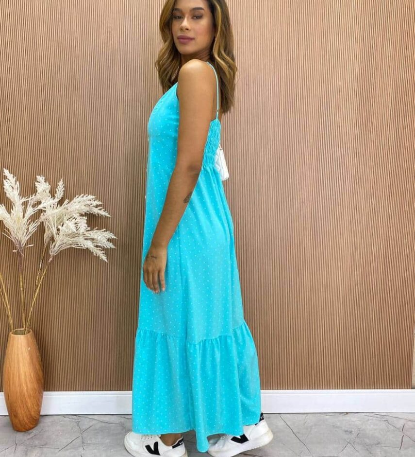 Vestido Longuete com Bojo Zoe com Botões Poá Azul - Fernanda Ramos Store