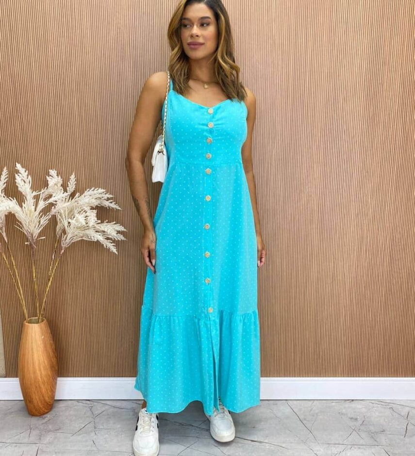 Vestido Longuete com Bojo Zoe com Botões Poá Azul - Fernanda Ramos Store