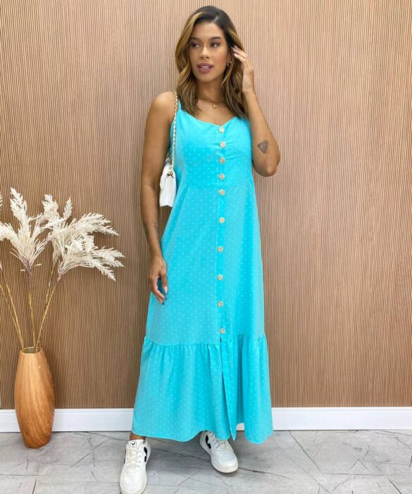 Vestido Longuete com Bojo Zoe com Botões Poá Azul - Fernanda Ramos Store