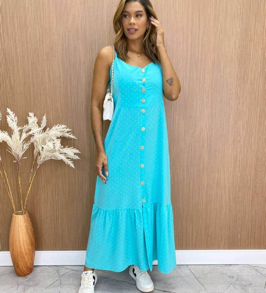 Vestido Longuete com Bojo Zoe com Botões Poá Azul - Fernanda Ramos Store