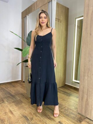 Vestido Longuete com Bojo Zoe com Botões Preto - Fernanda Ramos Store