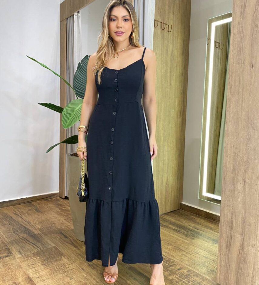 Vestido Longuete com Bojo Zoe com Botões Preto - Fernanda Ramos Store