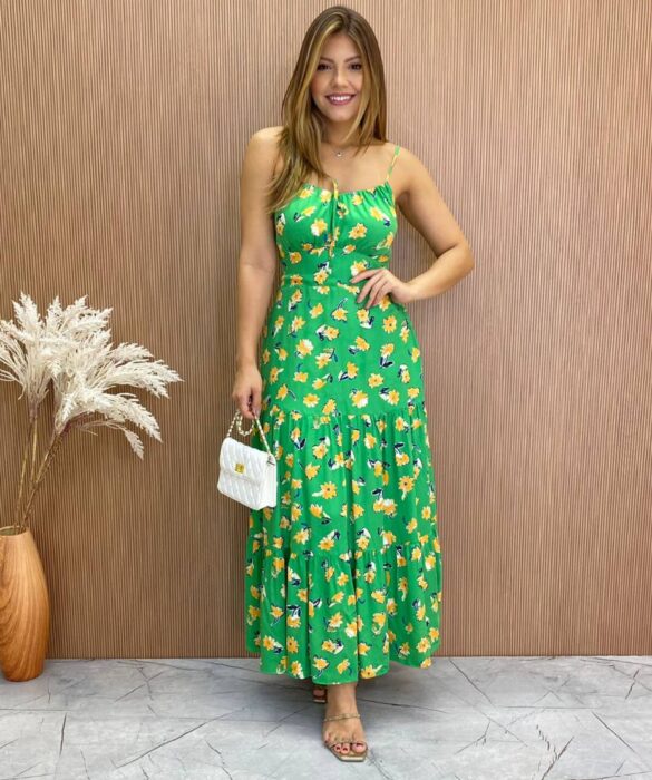 Vestido Longuete sem Bojo Alça Regulável Jade Estampa Verde - Fernanda Ramos Store