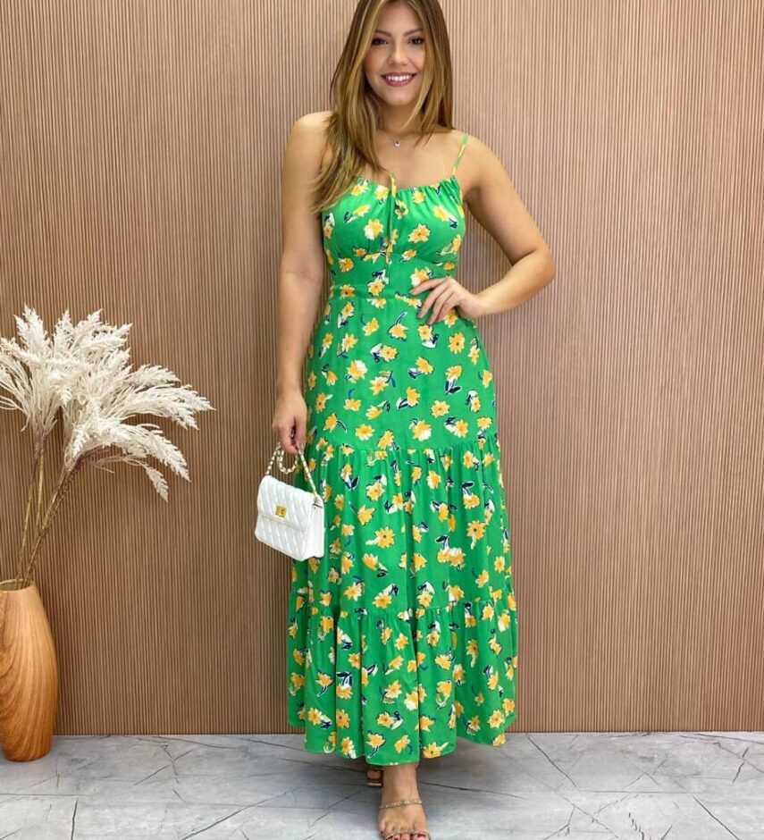 Vestido Longuete sem Bojo Alça Regulável Jade Estampa Verde - Fernanda Ramos Store