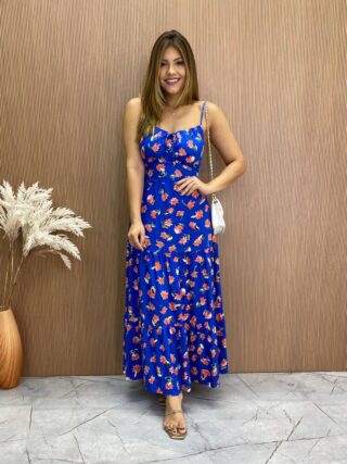 Vestido Longuete sem Bojo Alça Regulável Jade Estampado Azul - Fernanda Ramos Store