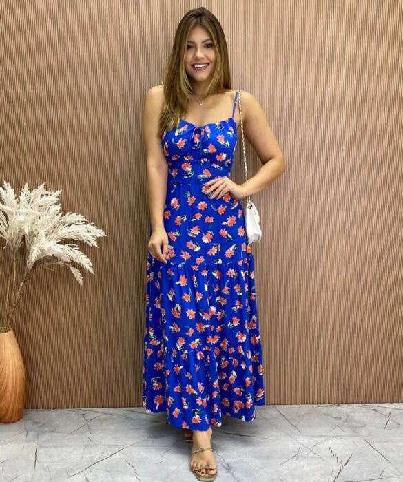 Vestido Longuete sem Bojo Alça Regulável Jade Estampado Azul - Fernanda Ramos Store