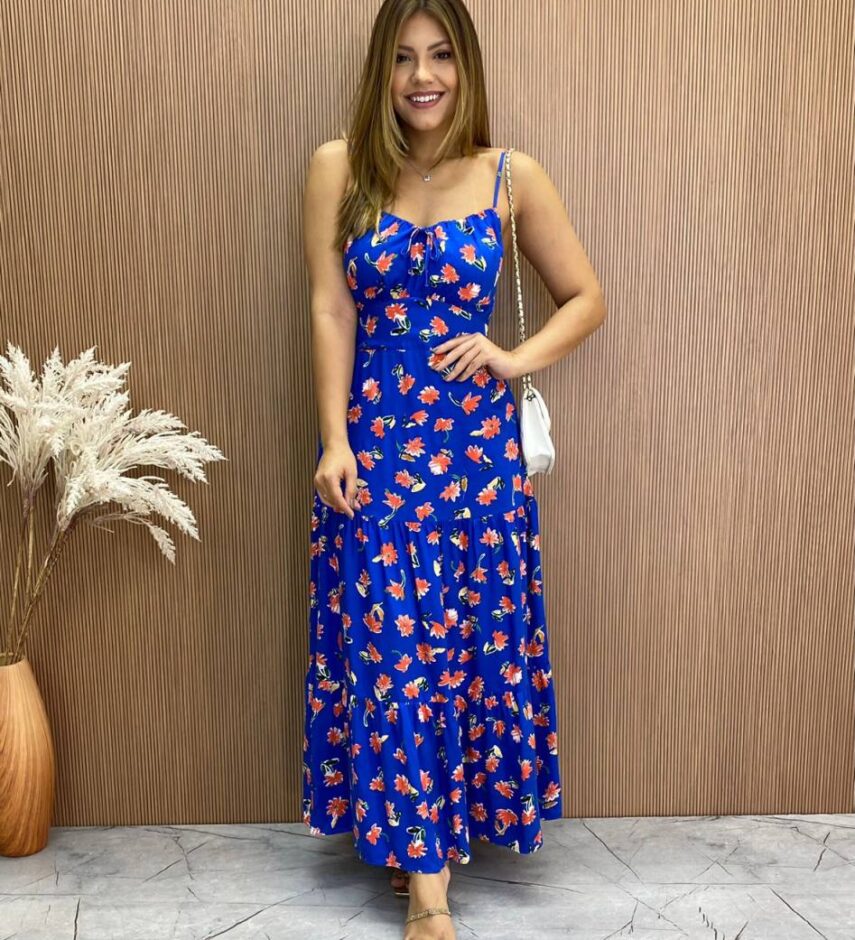 Vestido Longuete sem Bojo Alça Regulável Jade Estampado Azul - Fernanda Ramos Store