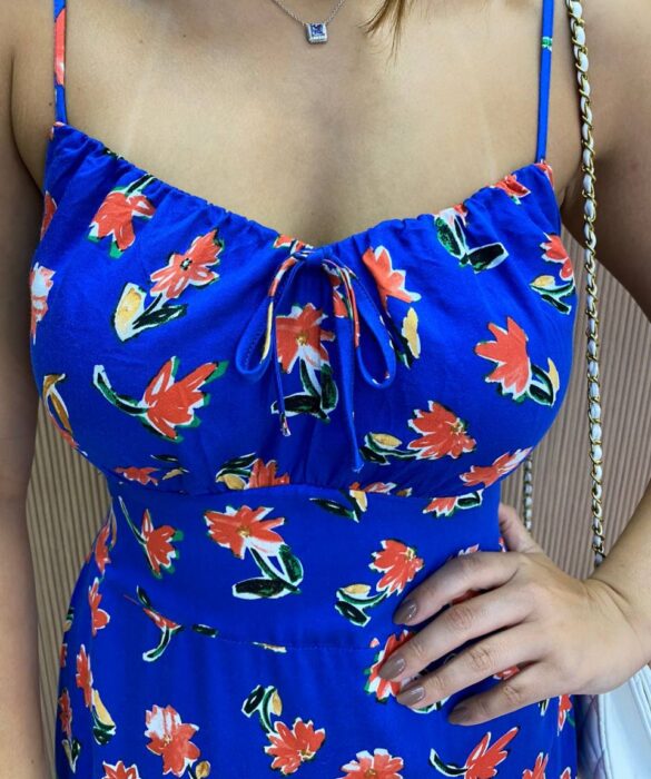 Vestido Longuete sem Bojo Alça Regulável Jade Estampado Azul - Fernanda Ramos Store