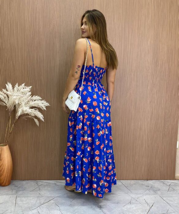 Vestido Longuete sem Bojo Alça Regulável Jade Estampado Azul - Fernanda Ramos Store