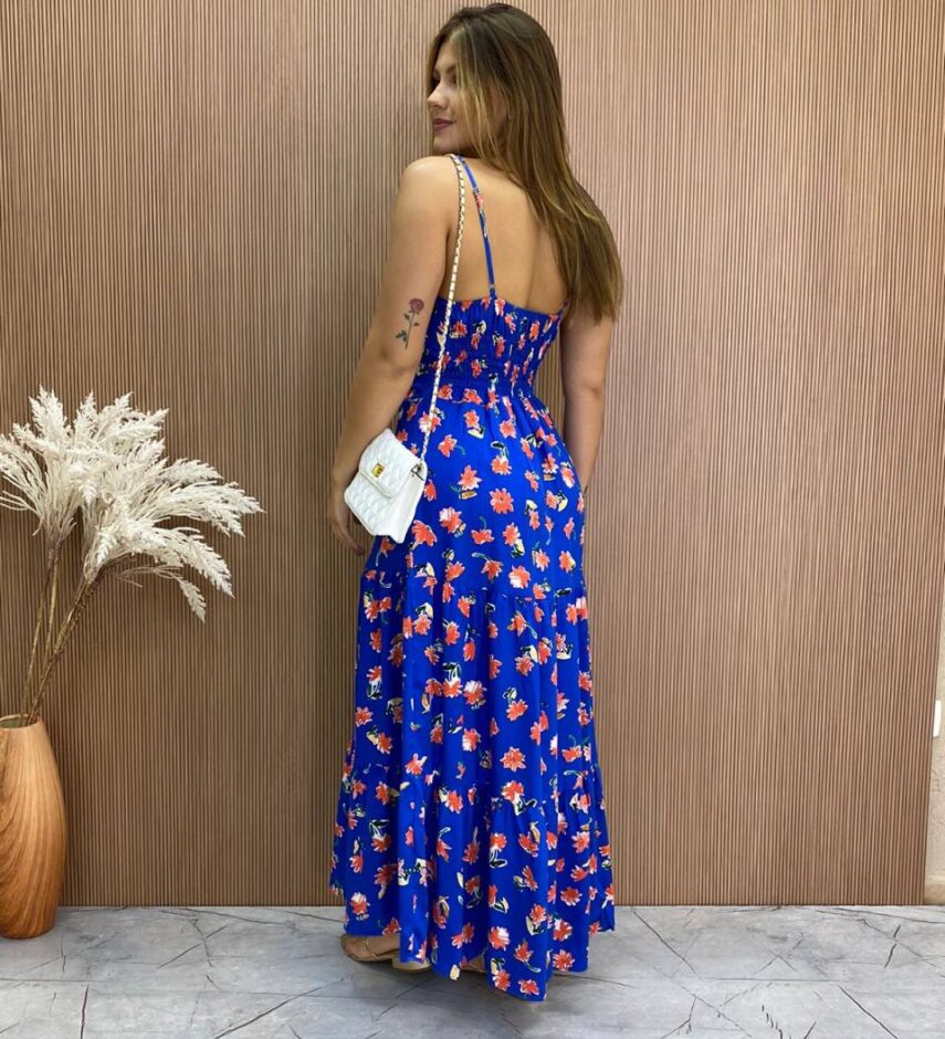 Vestido Longuete sem Bojo Alça Regulável Jade Estampado Azul - Fernanda Ramos Store