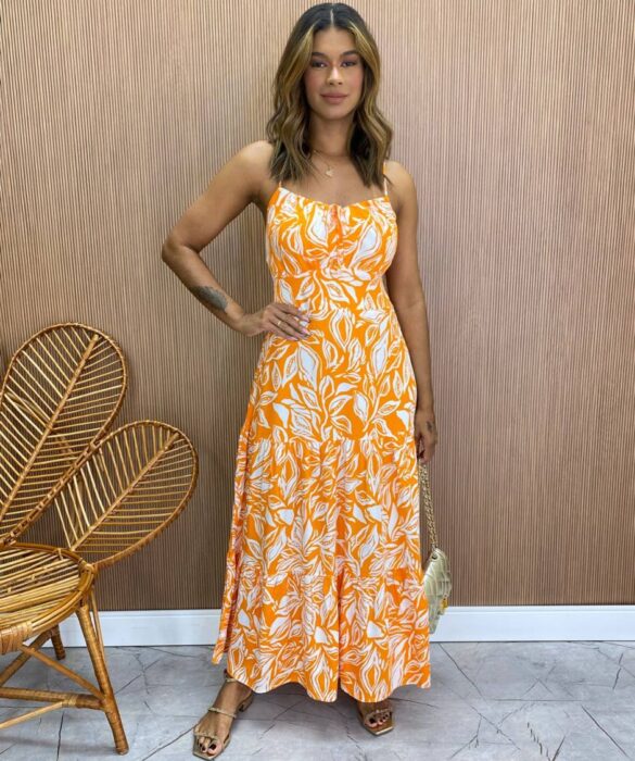 Vestido Longuete sem Bojo Alça Regulável Jade Estampado Laranja - Fernanda Ramos Store