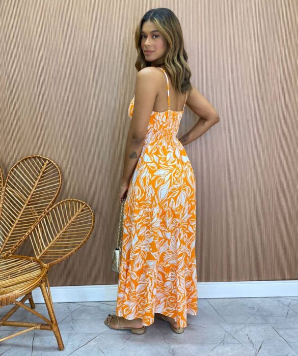 Vestido Longuete sem Bojo Alça Regulável Jade Estampado Laranja - Fernanda Ramos Store