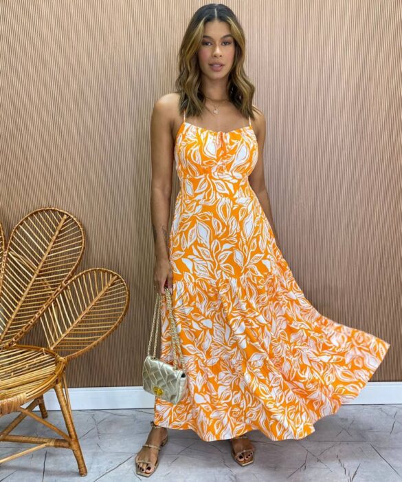 Vestido Longuete sem Bojo Alça Regulável Jade Estampado Laranja - Fernanda Ramos Store