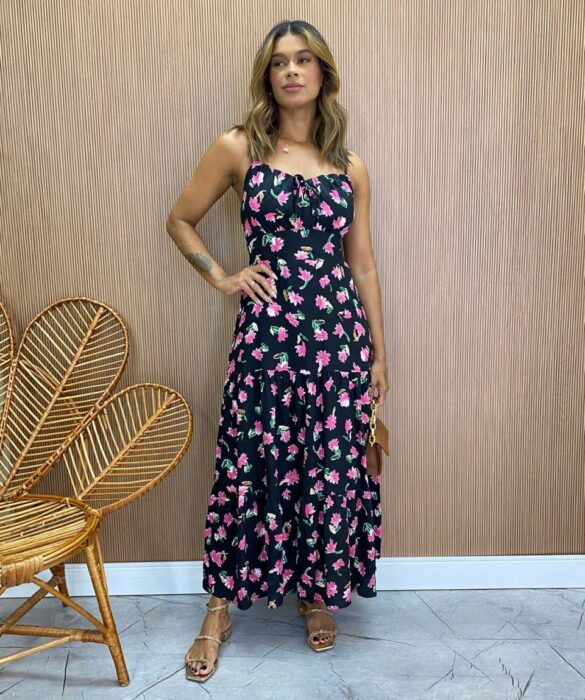 Vestido Longuete sem Bojo Alça Regulável Jade Estampado Preto - Fernanda Ramos Store