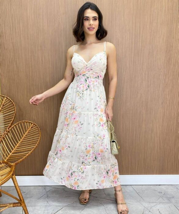 Vestido Longuete sem Bojo com Amarração Diana Estampa Off White - Fernanda Ramos Store