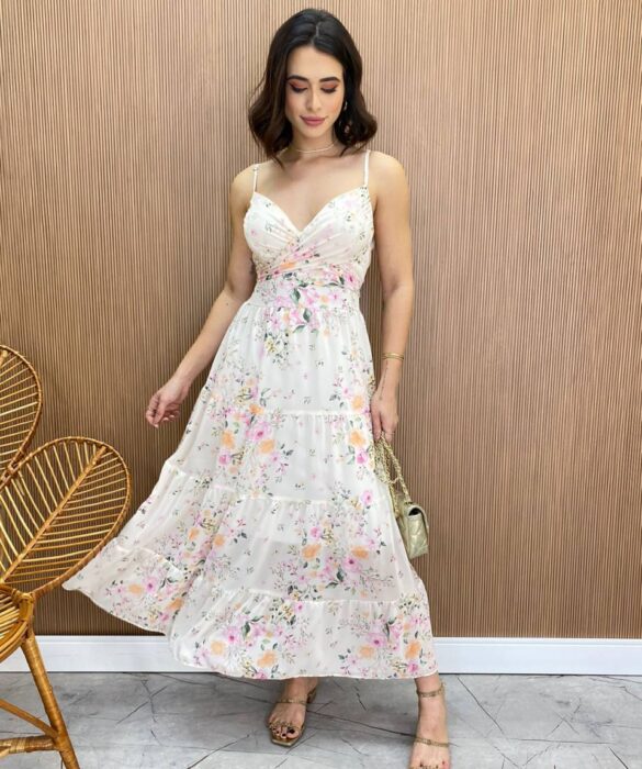 Vestido Longuete sem Bojo com Amarração Diana Estampa Off White - Fernanda Ramos Store