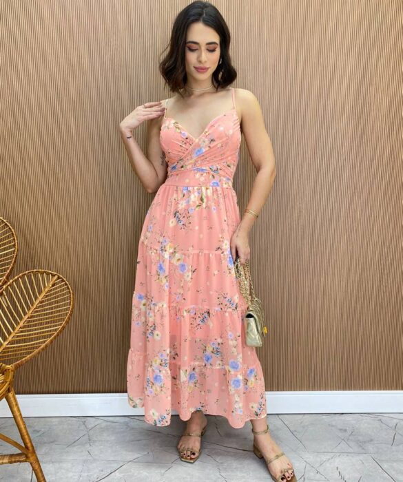 Vestido Longuete sem Bojo com Amarração Diana Estampa Rosa - Fernanda Ramos Store