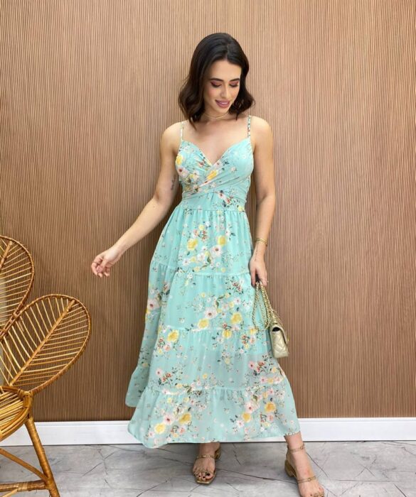 Vestido Longuete sem Bojo com Amarração Diana Estampa Verde - Fernanda Ramos Store