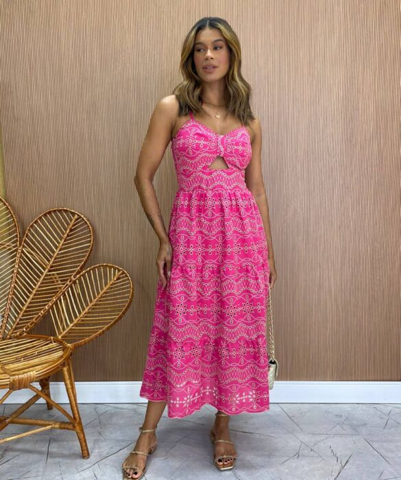 Vestido Midi com Bojo de Laise com Abertura Luiza Pink - Fernanda Ramos Store