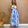 Vestido Midi com Bojo e Abertura Luiza Estampado Azul - Fernanda Ramos Store