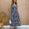 Vestido Midi com Bojo e Abertura Luiza Estampado Azul Marinho - Fernanda Ramos Store