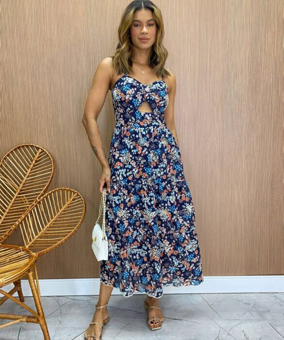 Vestido Midi com Bojo e Abertura Luiza Estampado Azul Marinho - Fernanda Ramos Store