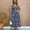 Vestido Midi com Bojo e Abertura Luiza Estampado Azul Marinho - Fernanda Ramos Store