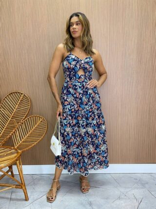 Vestido Midi com Bojo e Abertura Luiza Estampado Azul Marinho - Fernanda Ramos Store