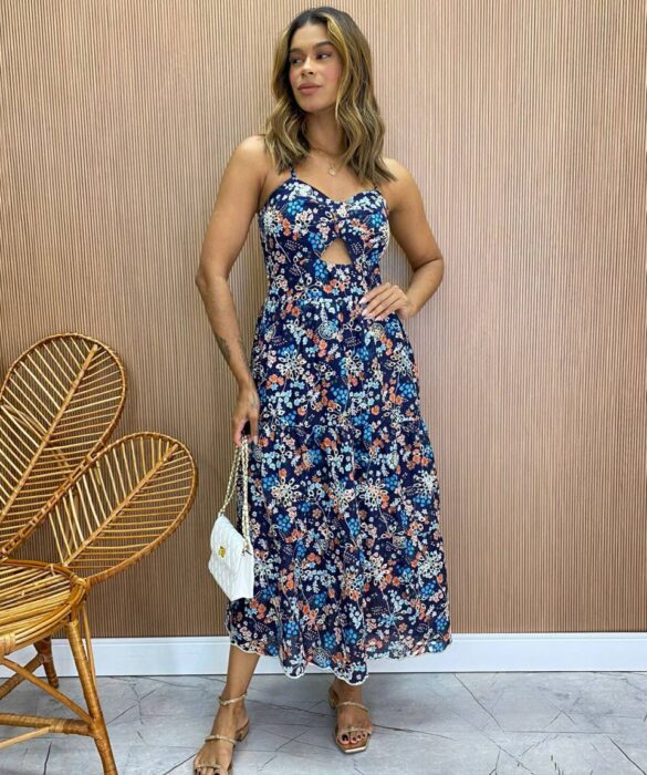 Vestido Midi com Bojo e Abertura Luiza Estampado Azul Marinho - Fernanda Ramos Store