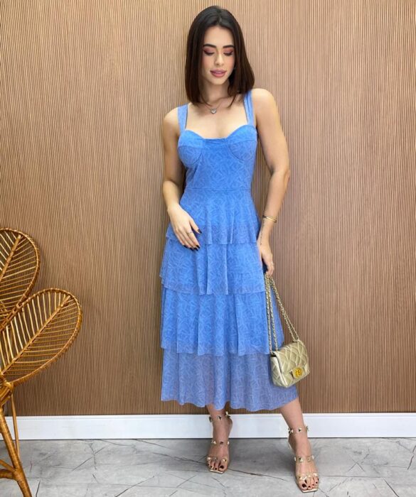 Vestido Midi com Bojo Gabrieli Tule Azul - Fernanda Ramos Store