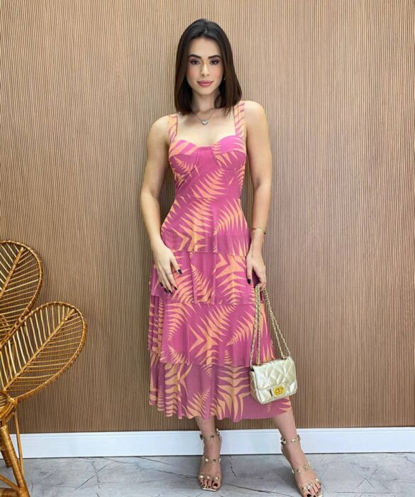 Vestido Midi com Bojo Gabrieli Tule Estampado Rosa - Fernanda Ramos Store