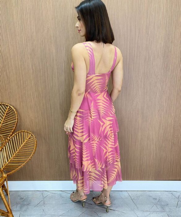 Vestido Midi com Bojo Gabrieli Tule Estampado Rosa - Fernanda Ramos Store