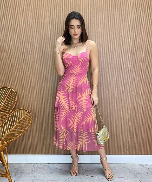 Vestido Midi com Bojo Gabrieli Tule Estampado Rosa - Fernanda Ramos Store