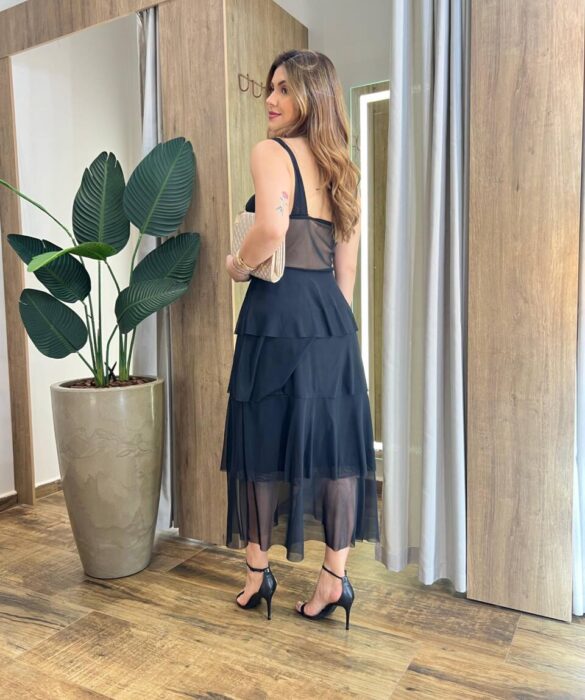 Vestido Midi com Bojo Gabrieli Tule Preto - Fernanda Ramos Store