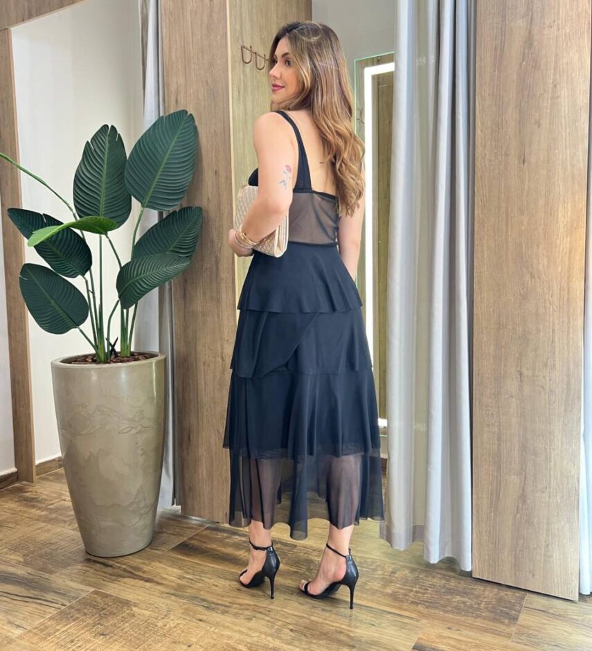 Vestido Midi com Bojo Gabrieli Tule Preto - Fernanda Ramos Store