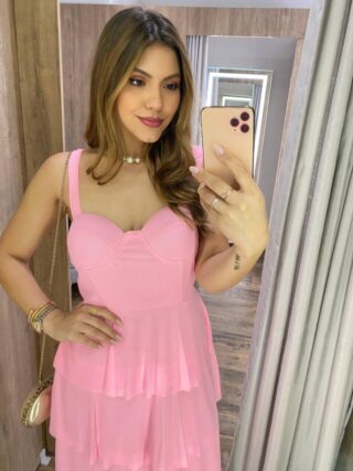 Vestido Midi com Bojo Gabrieli Tule Rosa Bebê - Fernanda Ramos Store