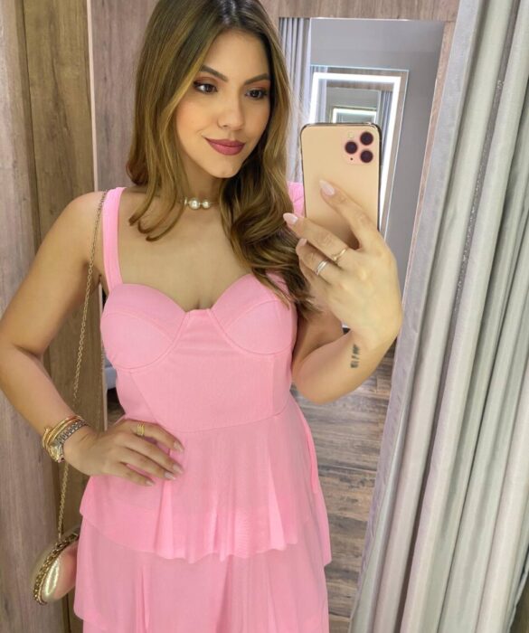 Vestido Midi com Bojo Gabrieli Tule Rosa Bebê - Fernanda Ramos Store