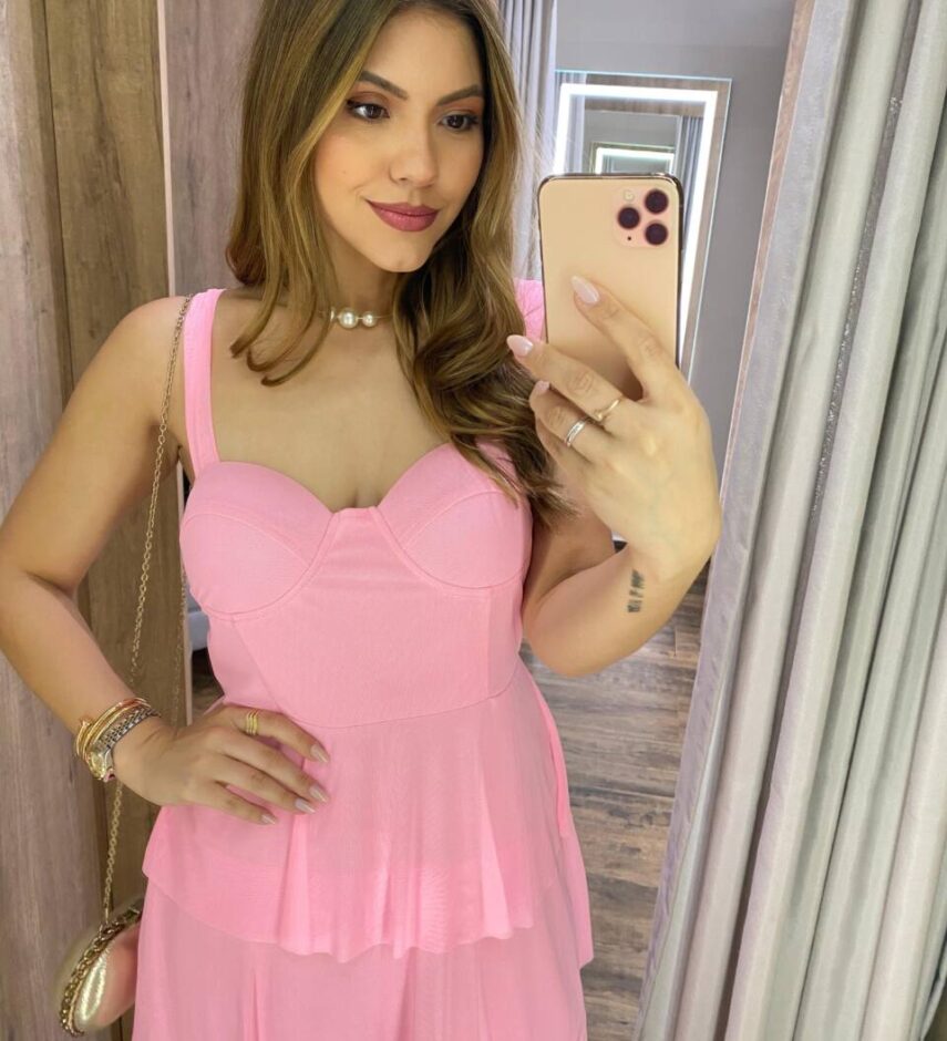 Vestido Midi com Bojo Gabrieli Tule Rosa Bebê - Fernanda Ramos Store