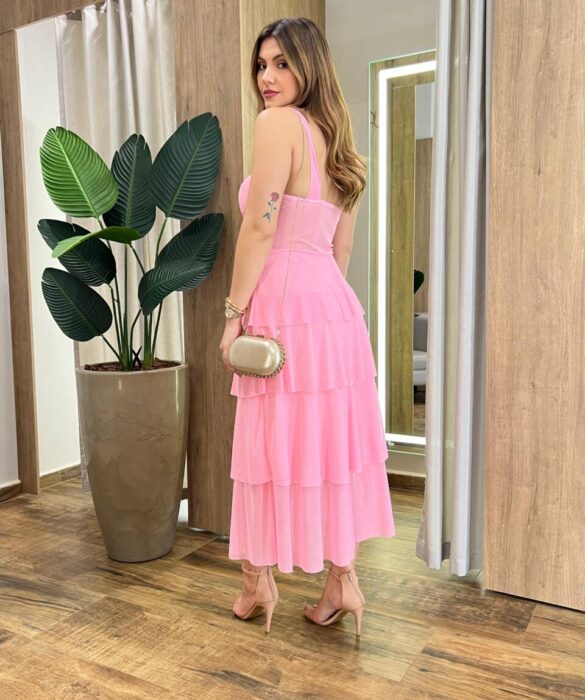 Vestido Midi com Bojo Gabrieli Tule Rosa Bebê - Fernanda Ramos Store