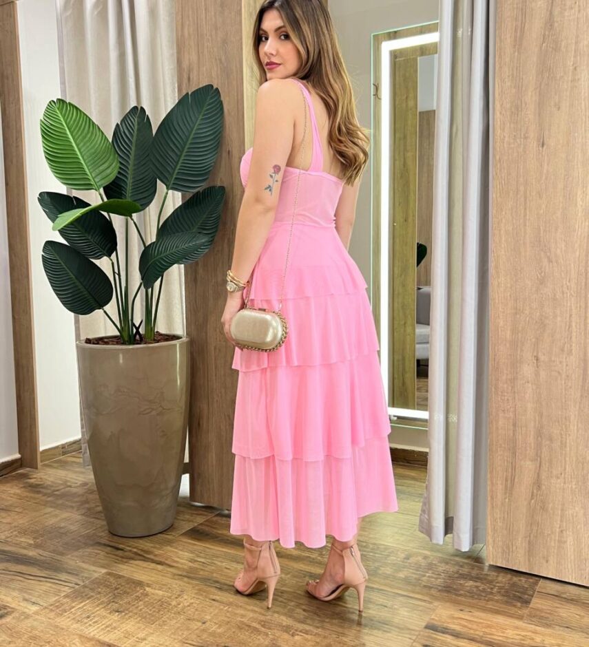 Vestido Midi com Bojo Gabrieli Tule Rosa Bebê - Fernanda Ramos Store
