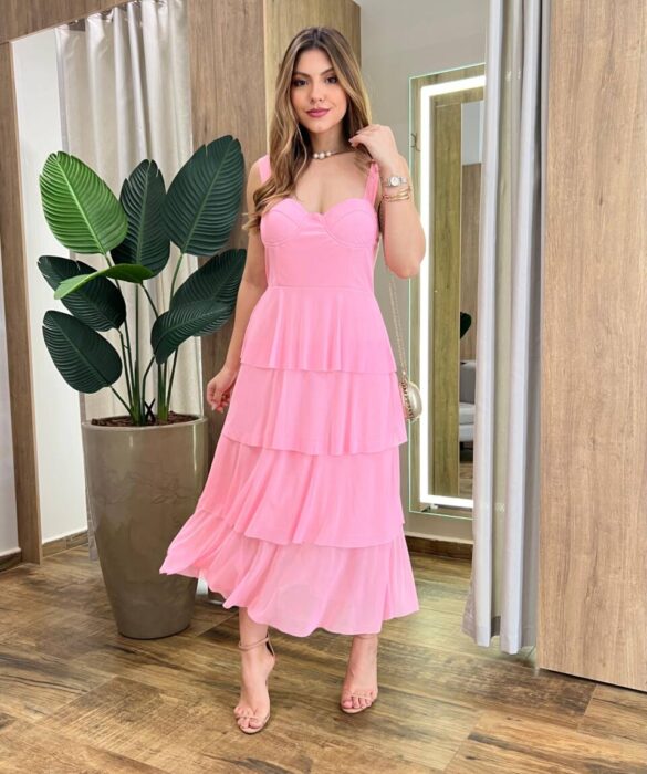 Vestido Midi com Bojo Gabrieli Tule Rosa Bebê - Fernanda Ramos Store