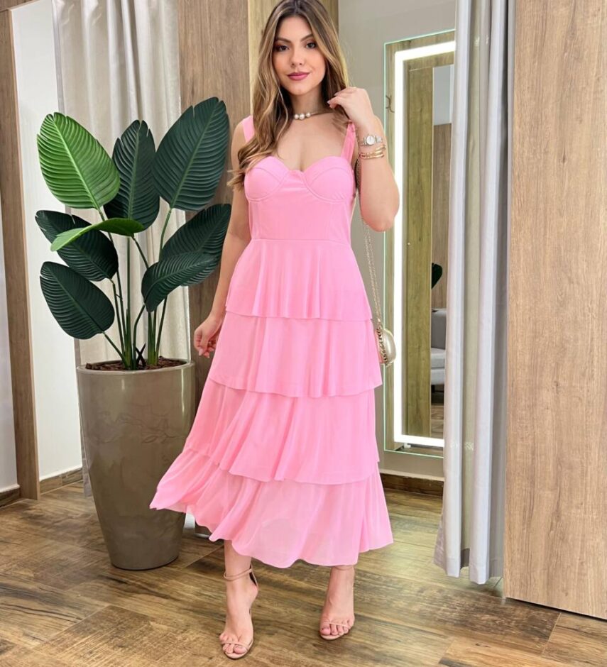 Vestido Midi com Bojo Gabrieli Tule Rosa Bebê - Fernanda Ramos Store