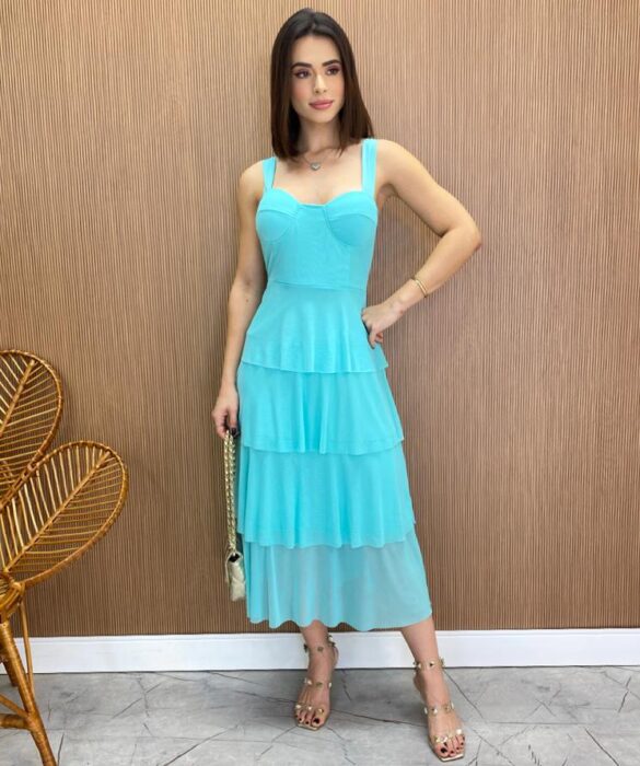 Vestido Midi com Bojo Gabrieli Tule Verde Água - Fernanda Ramos Store