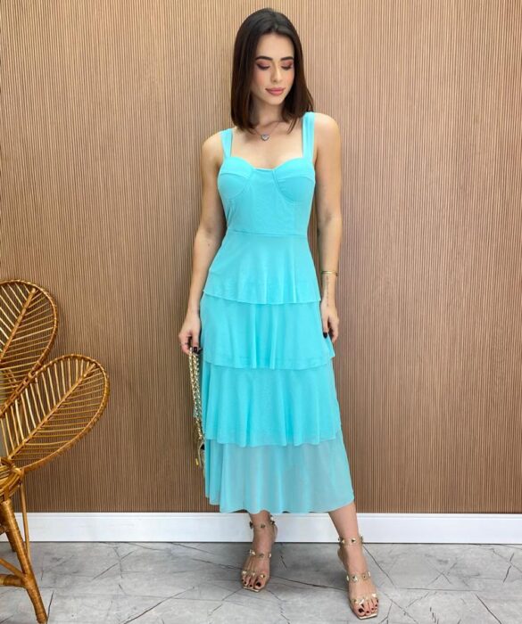 Vestido Midi com Bojo Gabrieli Tule Verde Água - Fernanda Ramos Store