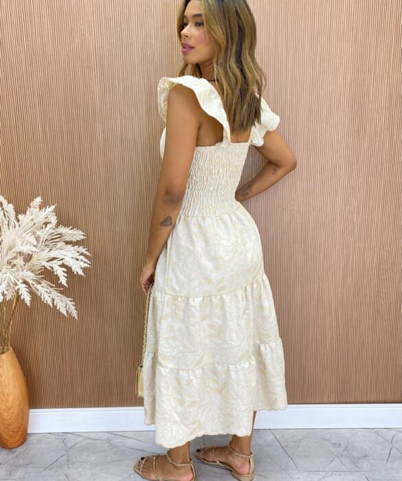 Vestido Midi com Bojo Mariah Tricoline Bordado Cru - Fernanda Ramos Store